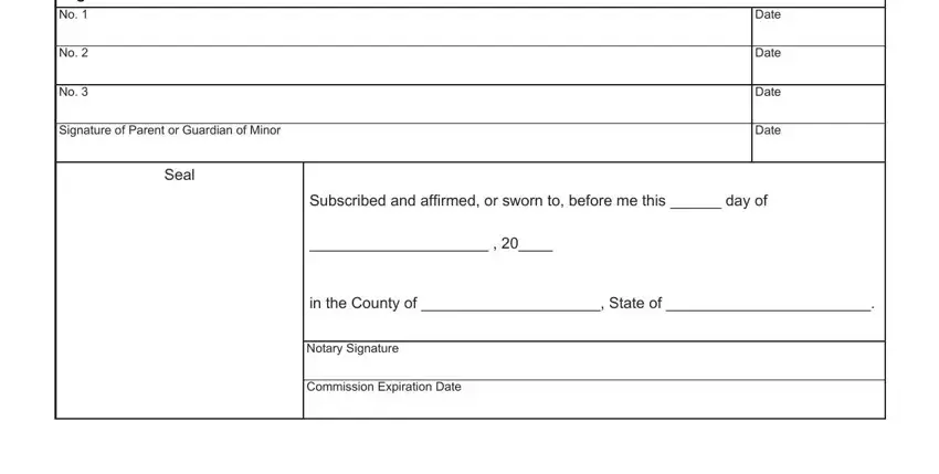 colorado release liability Signatures, Signature of Parent or Guardian of, Seal, Date, Date, Date, Date, Subscribed and afirmed or sworn to, in the County of  State of, Notary Signature, and Commission Expiration Date fields to complete