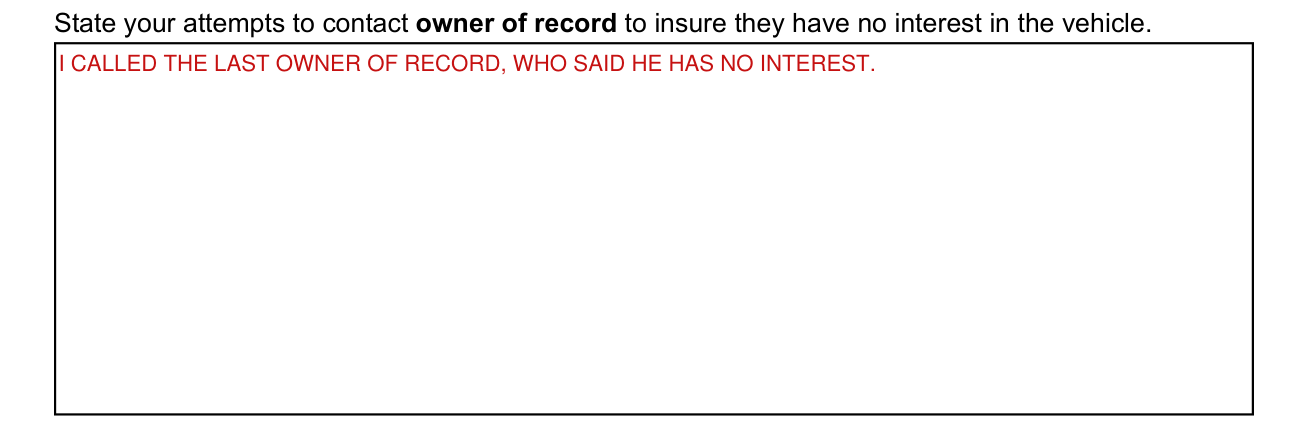 Form DR 2394 example filled out, attempts to contact the owner of record
