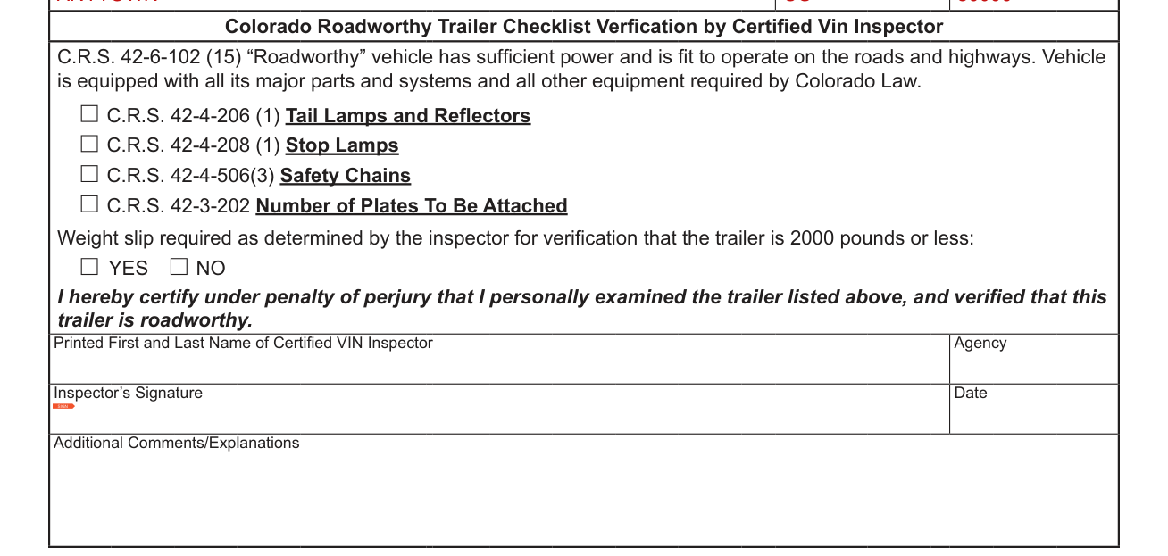 Form DR 2697 example filled out, colorado Roadworthy Trailer Checklist, verified by the Certified VIN Inspector