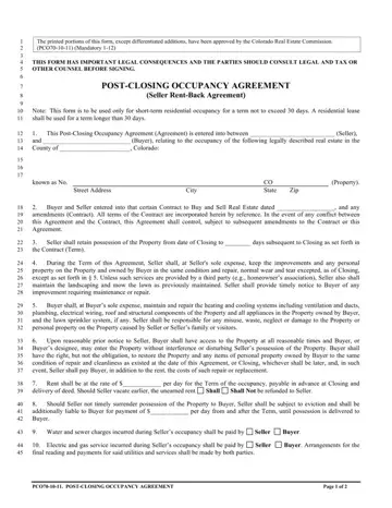 Colorado Post Closing Occupancy Agreement Form Preview