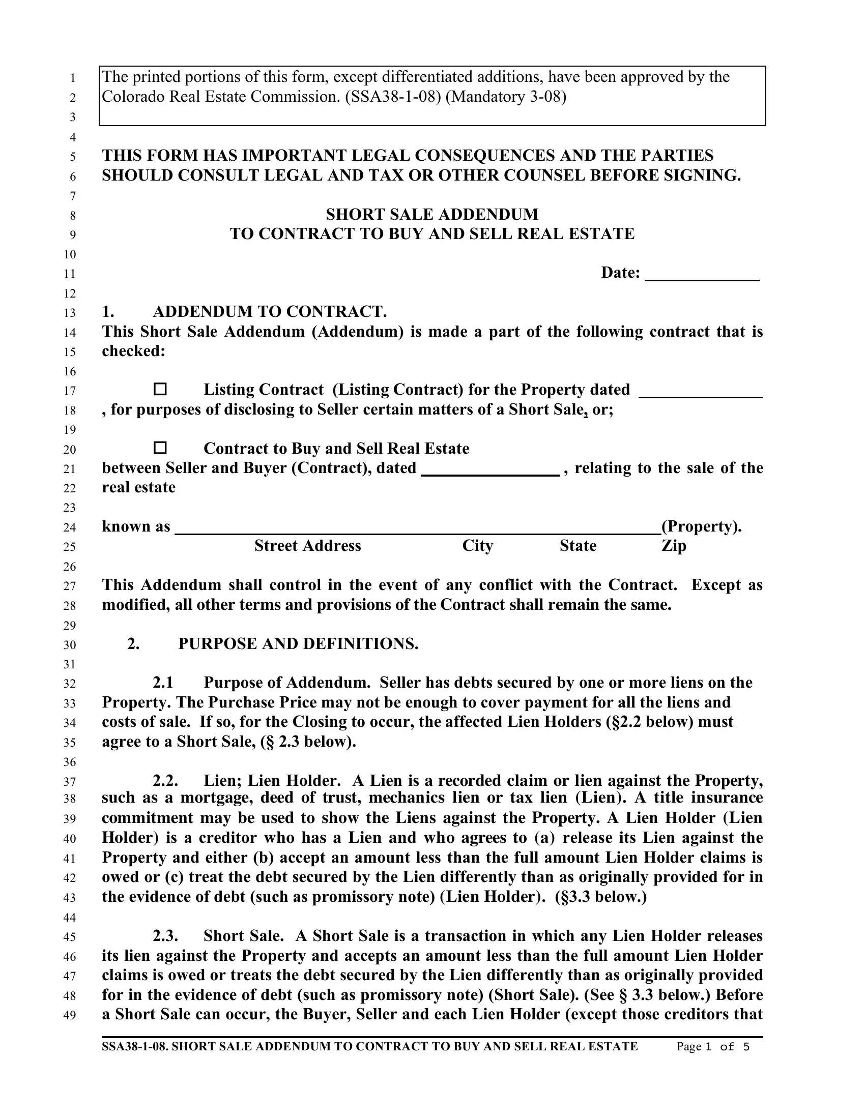 Colorado Short Sale Addendum PDF Form FormsPal