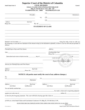 Columbia Statement Of Claim Form Preview