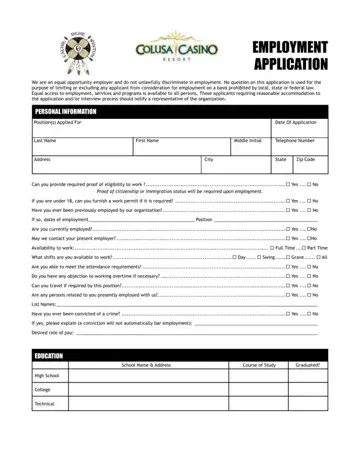 Colusa Casino Application Form Preview
