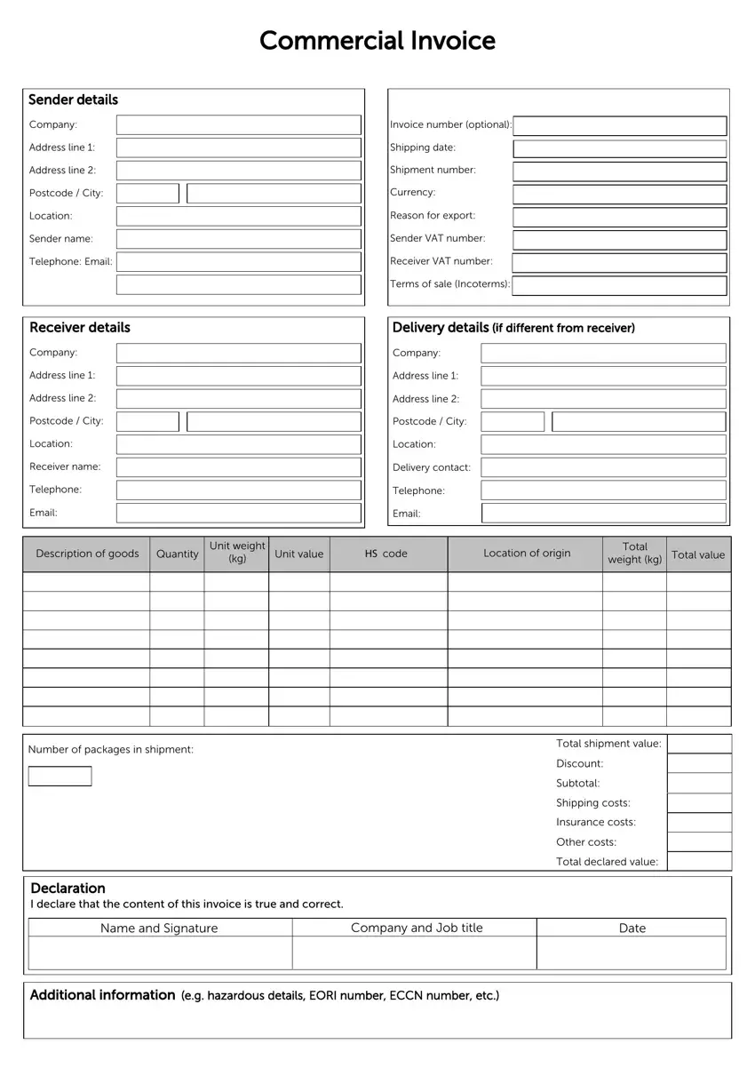 commercial invoice template fill out printable pdf forms online