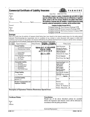 Commercial Liability Insurance Certificate Form Preview