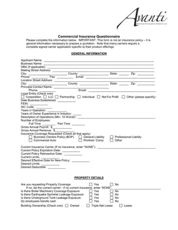 Commercial Questionnaire Form Preview