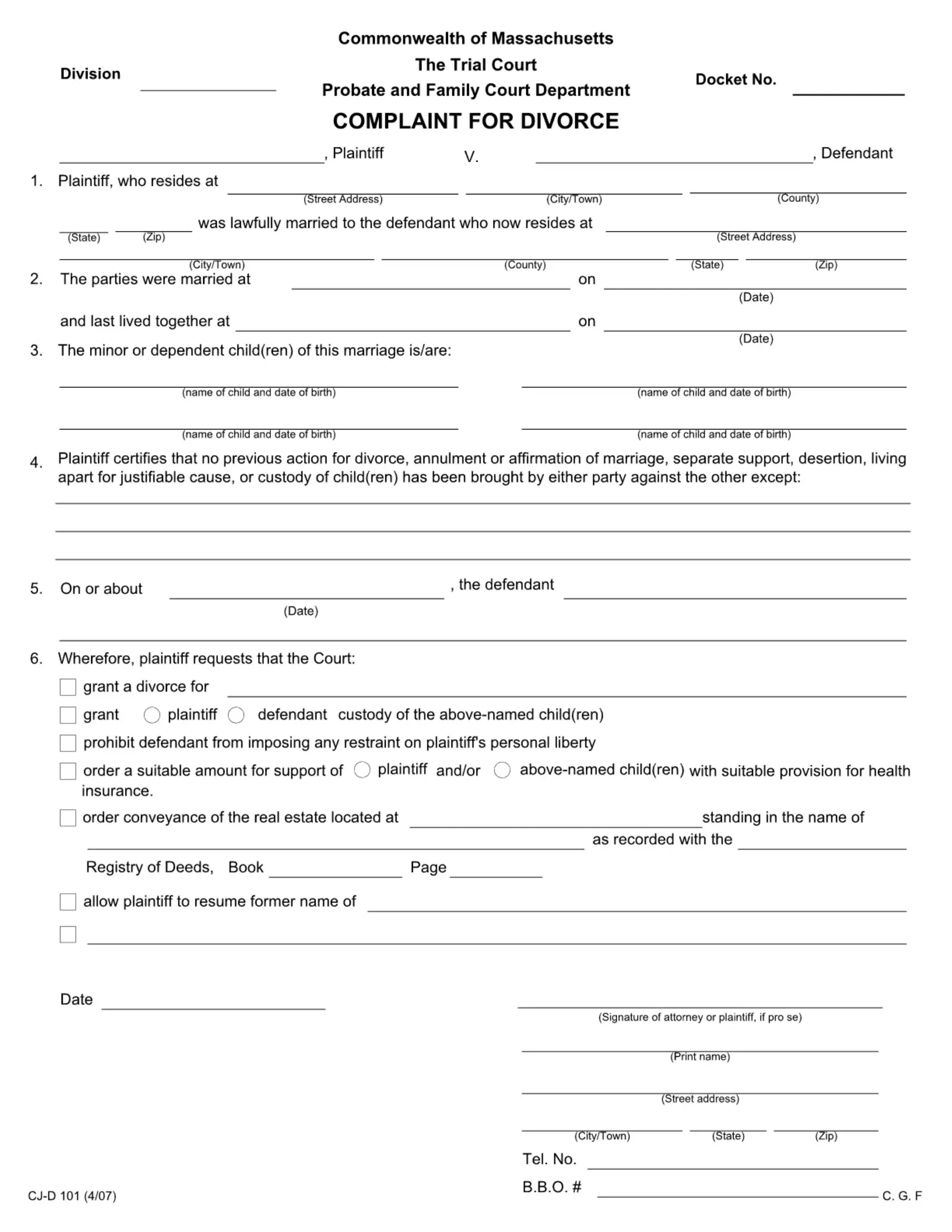 Complaint For Divorce Form Fill Out Printable PDF Forms Online