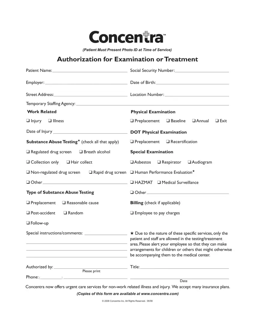 Concentra Authorization Form first page preview