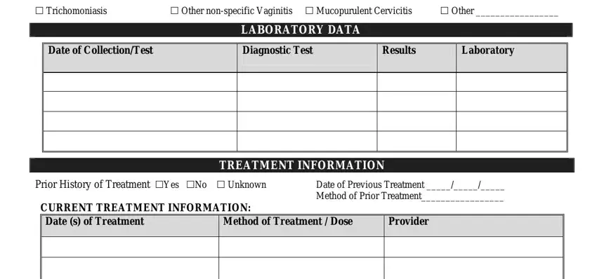 std test template cid Trichomoniasis, cid Other nonspecific Vaginitis, cid Other, Date of CollectionTest, Diagnostic Test, Results, Laboratory, LABORATORY DATA, TREATMENT INFORMATION, Prior History of Treatment cidYes, CURRENT TREATMENT INFORMATION, Date of Previous Treatment  Method, Date s of Treatment, Method of Treatment  Dose, and Provider fields to fill