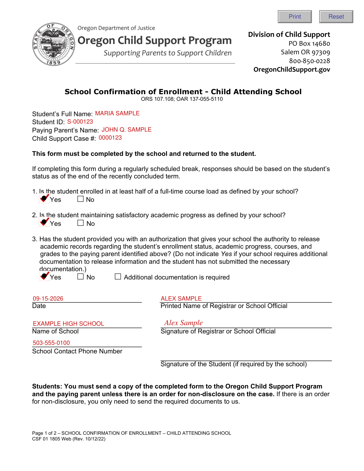 Form CSF 01 1805 example filled out, example: a school confirms a student's enrollment