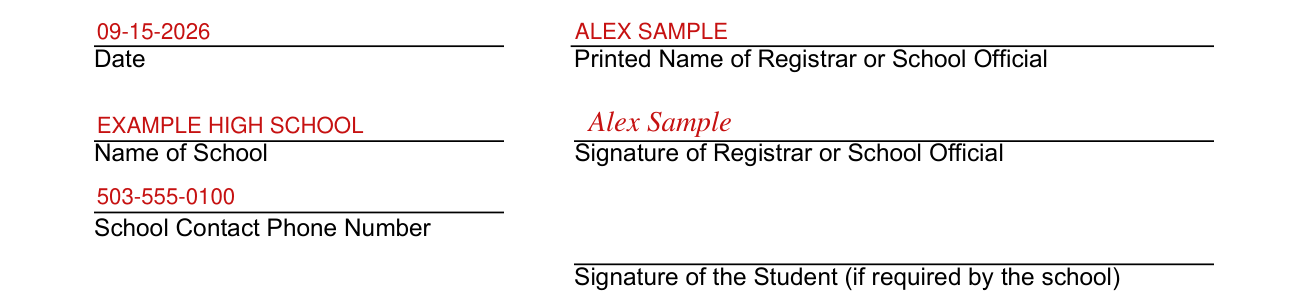 Form CSF 01 1805 example filled out, signing by the school