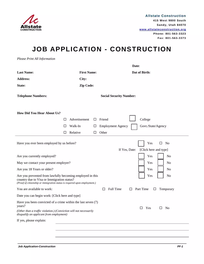 Construction Application Form ≡ Fill Out Printable PDF Forms Online