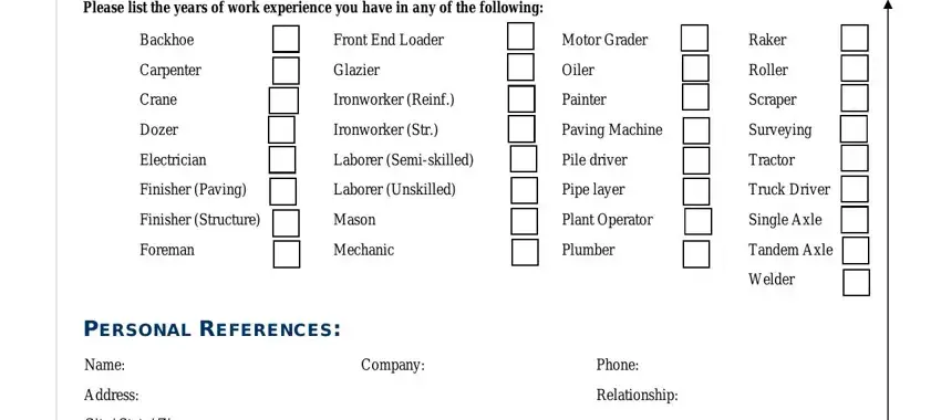 air form construction company Please list the years of work, Backhoe, Front End Loader, Motor Grader, Raker, Carpenter, Glazier, Oiler, Roller, Crane, Dozer, Ironworker Reinf, Painter, Ironworker Str, and Paving Machine fields to fill out