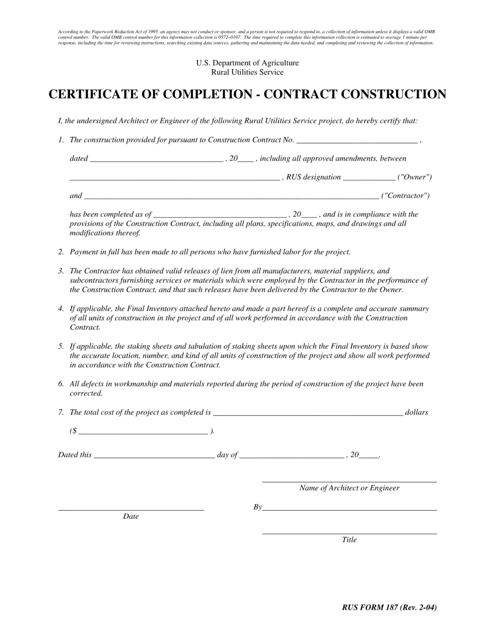 Construction Work Completion Certificate PDF Form - FormsPal