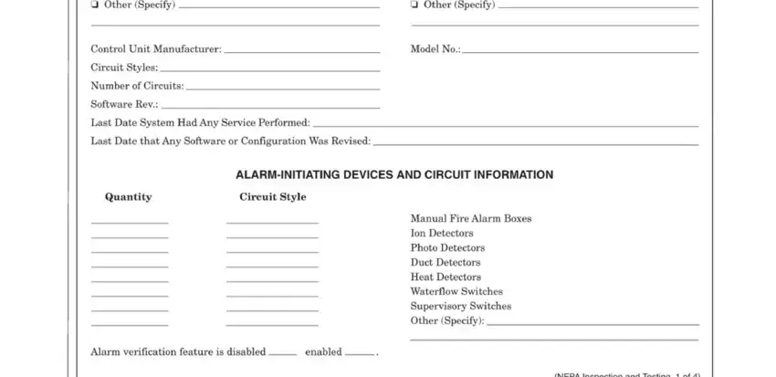 fire alarm inspection form SERVICE □ Weekly □ Monthly □, Model No, TYPE TRANSMISSION □ McCulloh □, Control Unit Manufacturer: Circuit, Quantity, ALARM-INITIATING DEVICES AND, Manual Fire Alarm Boxes Ion, Alarm verification feature is, enabled, and (NFPA Inspection and Testing blanks to complete