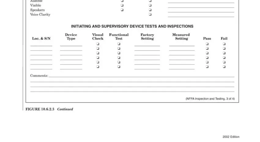 NOTIFICATION APPLIANCES Audible, INITIATING AND SUPERVISORY DEVICE, Loc  SN, Device Type, Visual Check, Functional Test, Factory Setting, Measured Setting, Pass, Fail, Comments, FIGURE  Continued, NFPA Inspection and Testing  of, and Edition in fire alarm project report pdf