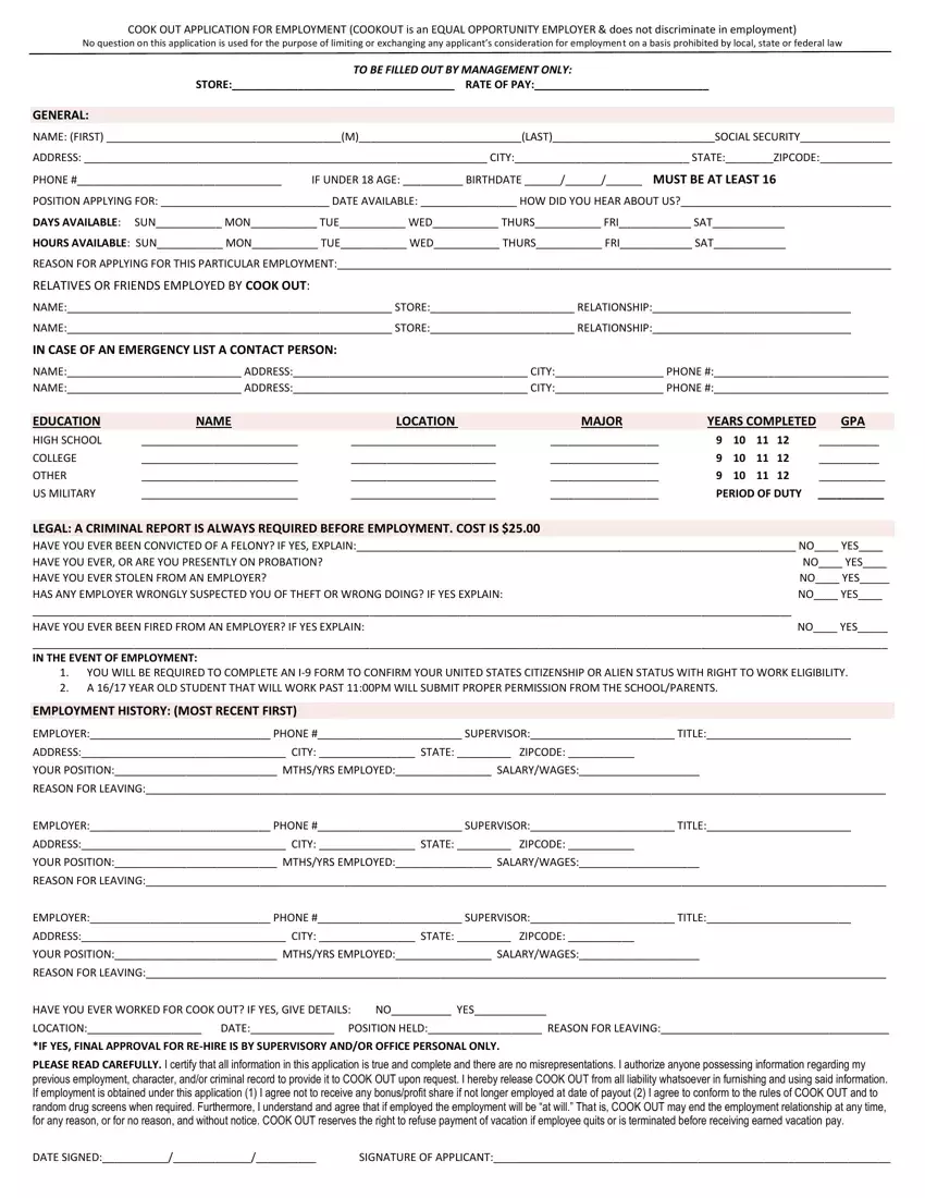 Cookout Application Form first page preview