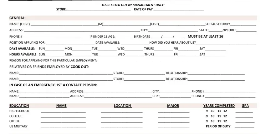 entering details in cook out application for employment step 1