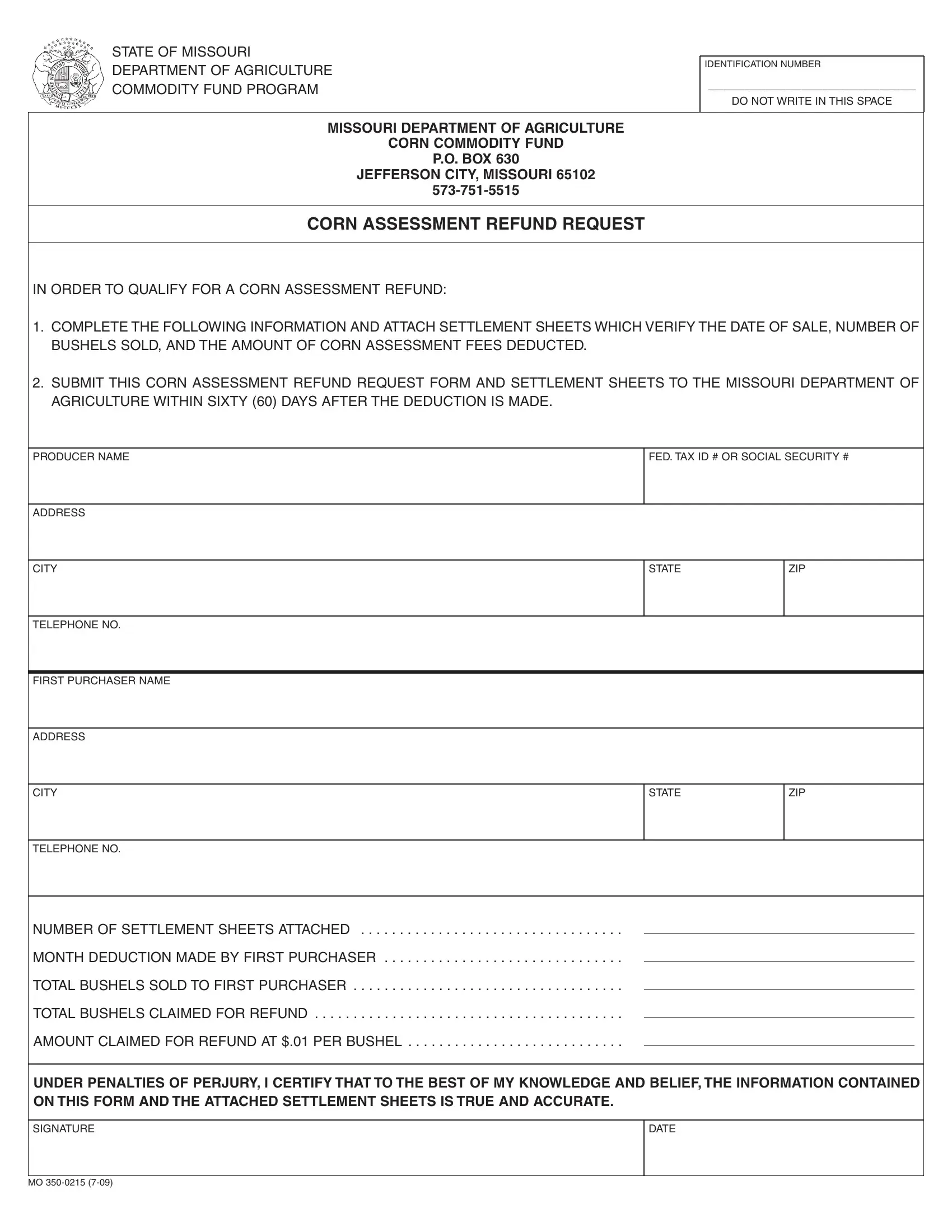 Corn Assessment Refund Request Form Preview