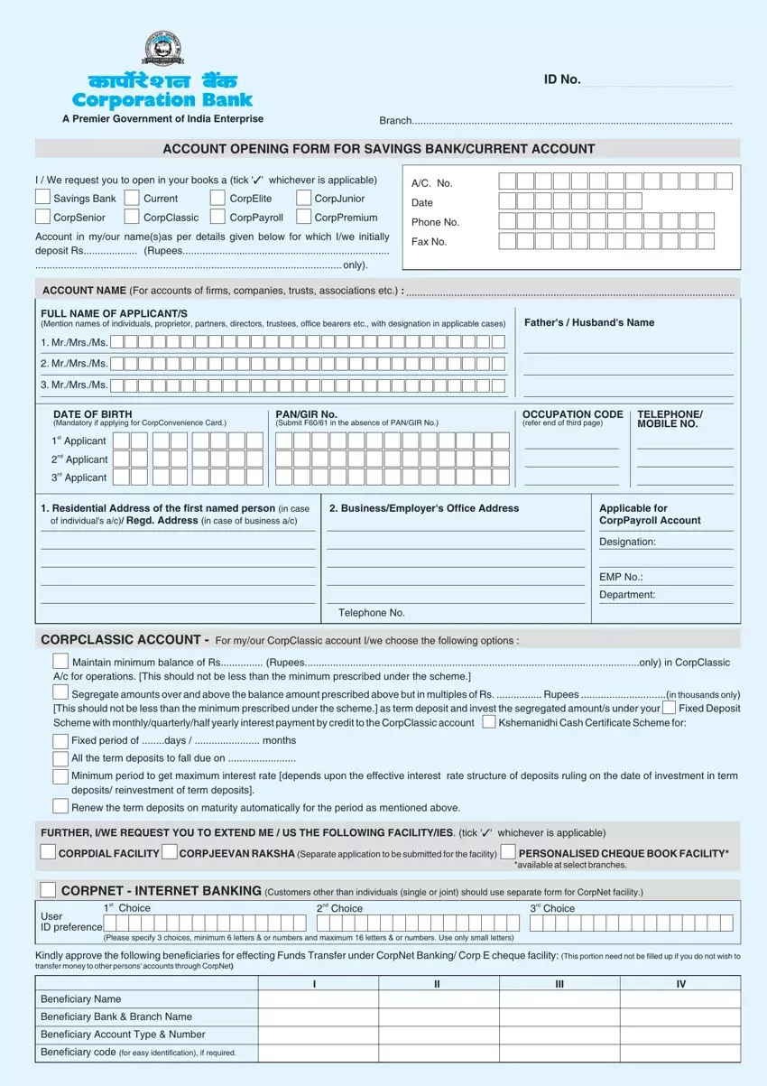 Corporation Bank Account Opening Form first page preview