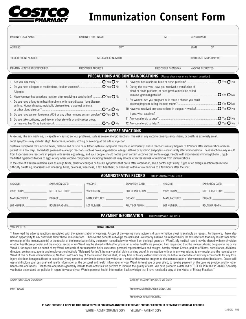 Costco Immunization Form first page preview