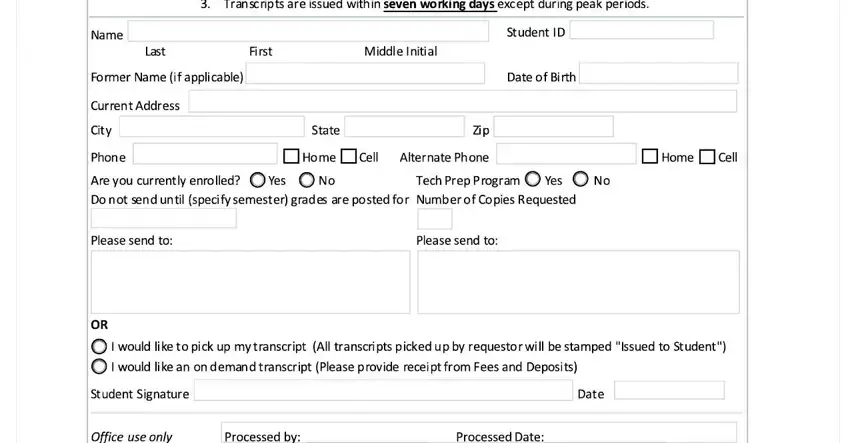 entering details in cotc transcript request step 1