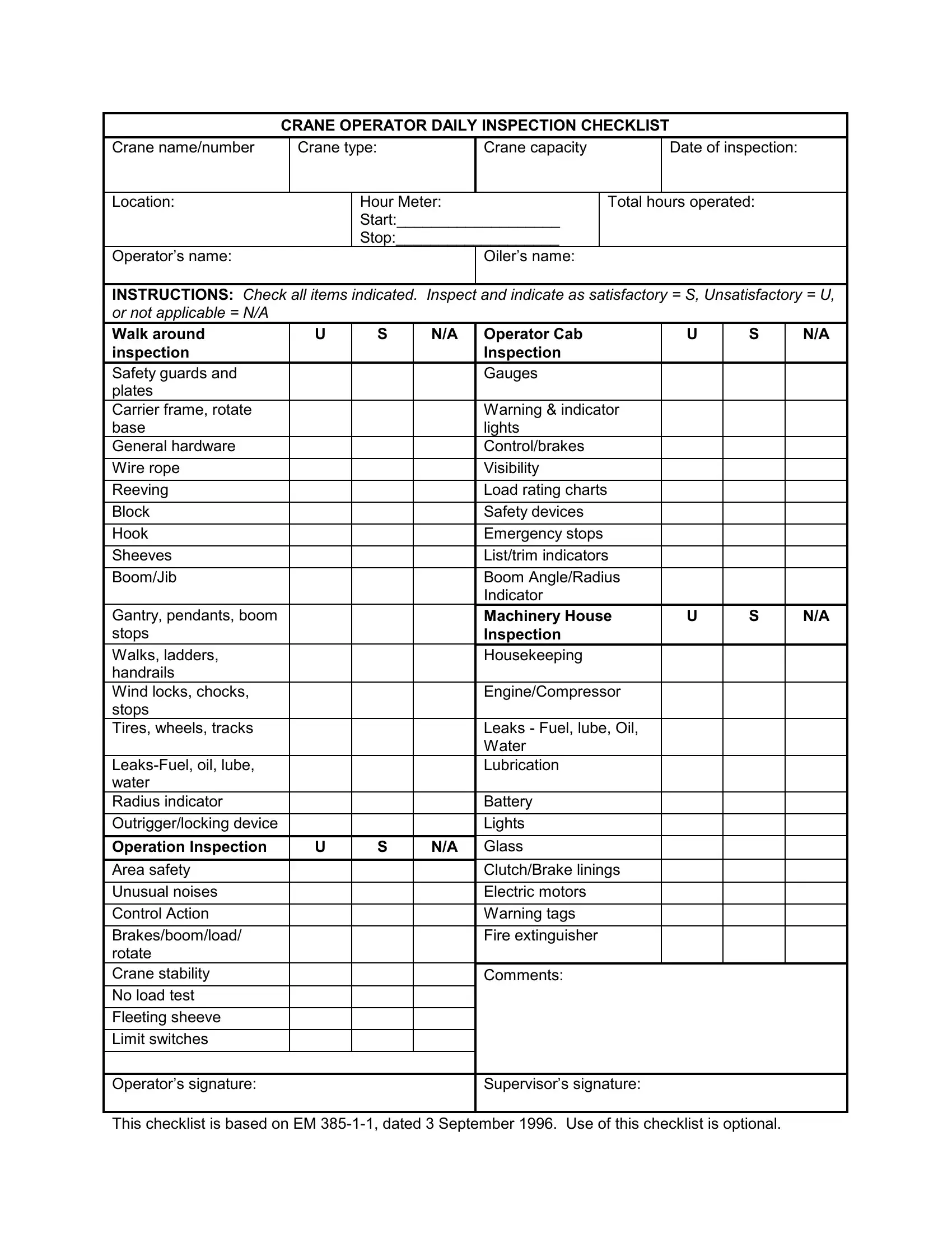 Crane Daily Inspection Checklist Form Preview