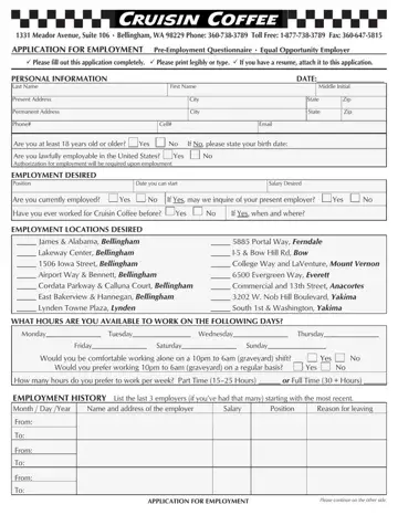 Cruisin Application For Employment Form Preview