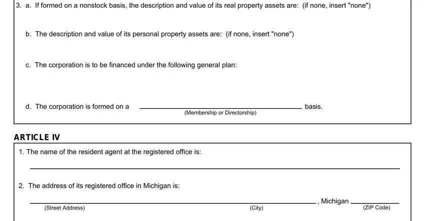 michigan incorporation nonprofit corporations ARTICLE III (cont, (Membership or Directorship), basis, ARTICLE IV 1, (Street Address), (City), and (ZIP Code) fields to fill
