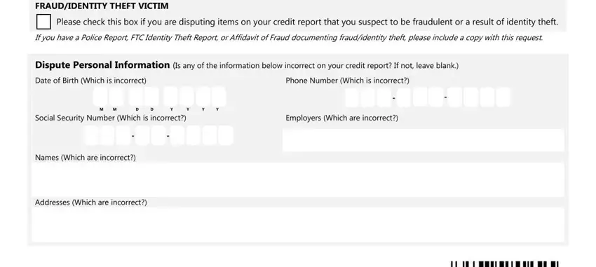 Filling in Equifax Dispute Request Form step 2