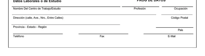 pdf cuban passport form Datos Laborales o de Estudio, PROG DE DATOS, Nombre Del Centro de TrabajoEstudio, Profesión, Ocupación, Dirección calle Ave Nro Entre, Provincia  Estado  Región, Teléfono, Fax, Código Postal, País, and E Mail blanks to complete