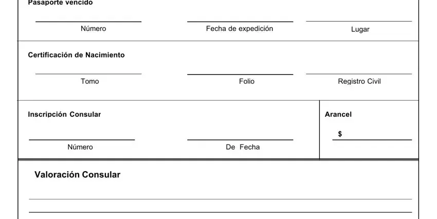 pdf cuban passport form Pasaporte vencido, Número, Fecha de expedición, Lugar, Certificación de Nacimiento, Tomo, Folio, Registro Civil, Inscripción Consular, Número, De Fecha, Valoración Consular, and Arancel blanks to insert