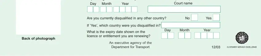 Back of photograph, Was your last licence a If you, Year, No  Yes, Are you currently disqualiﬁed in, If Yes which country were you, What is the expiry date shown on, licence or entitlement you are, Day, Month, Year, and An executive agency of the in d1 form