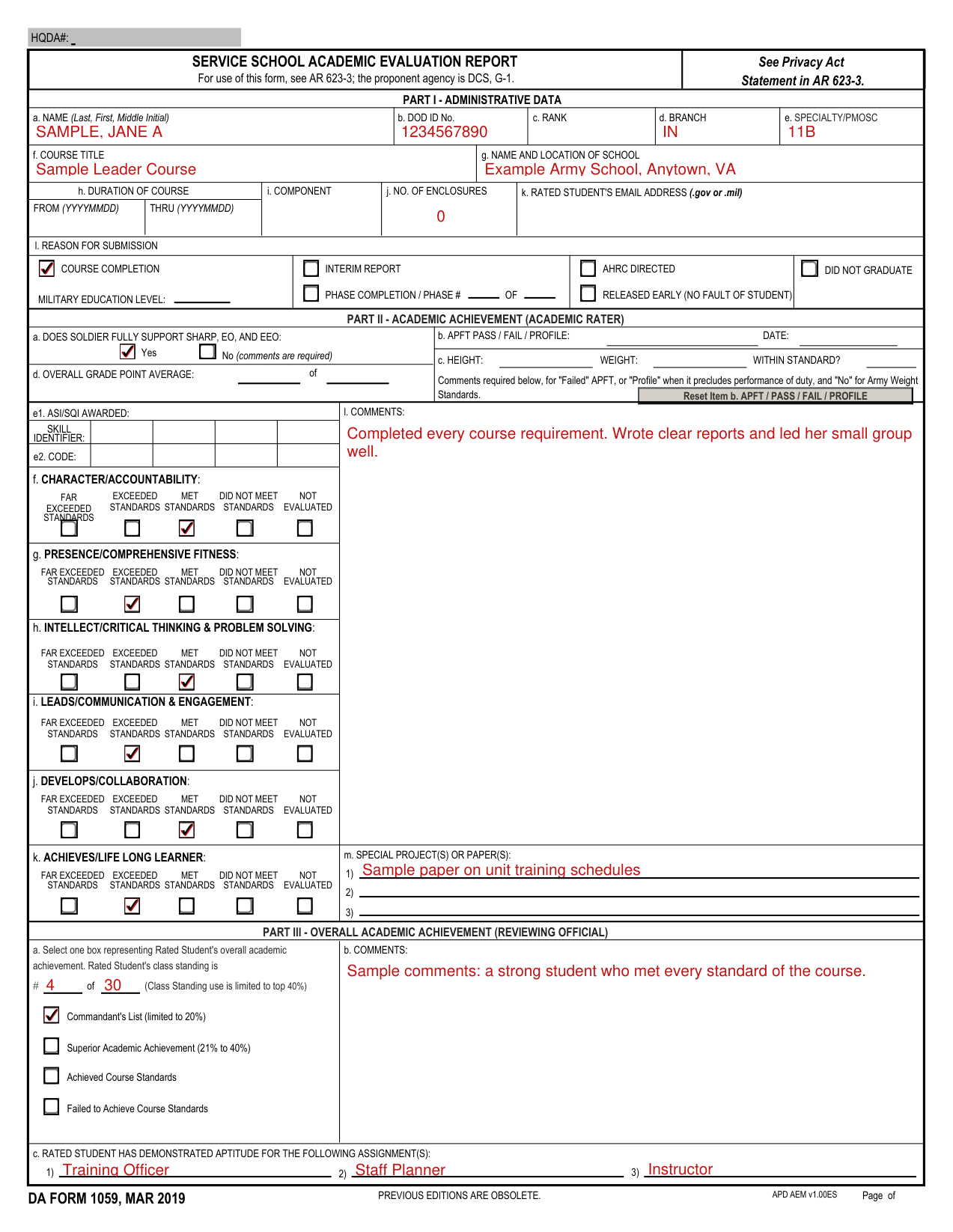 DA Form 1059 example filled out, example: a report on a student who completed a course