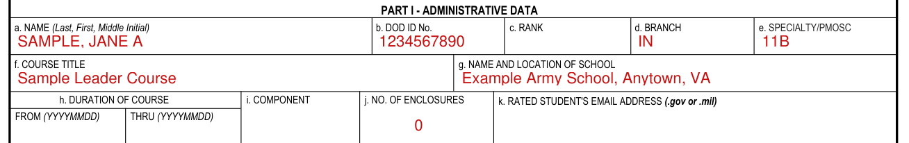 DA Form 1059 example filled out, part I: administrative data, boxes a to k