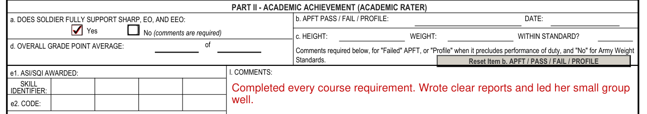 DA Form 1059 example filled out, part II: academic achievement (academic rater), boxes a to e