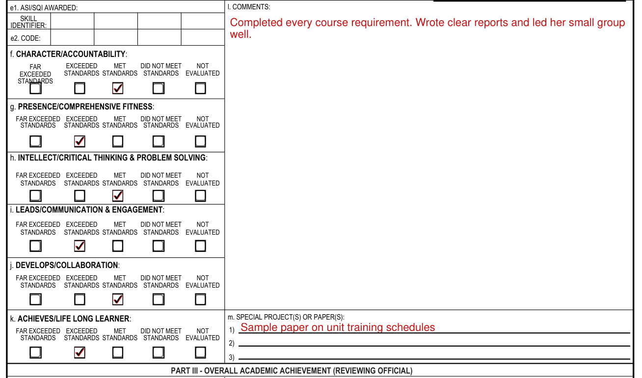 DA Form 1059 example filled out, part II: boxes f to m