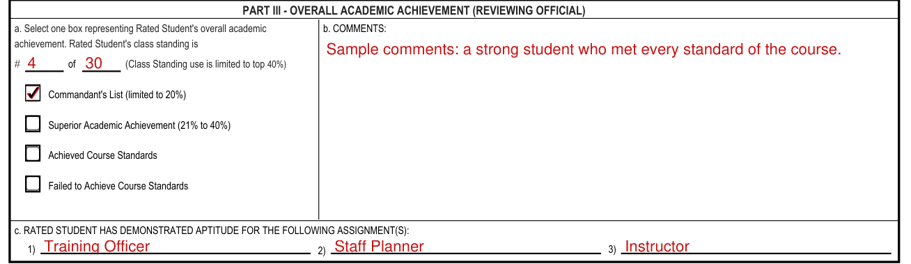 DA Form 1059 example filled out, part III: overall academic achievement (reviewing official)