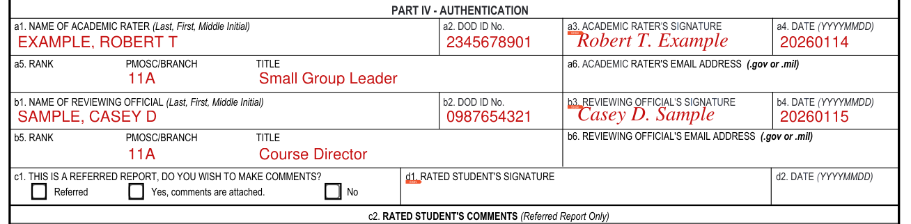 DA Form 1059 example filled out, part IV: authentication, signatures