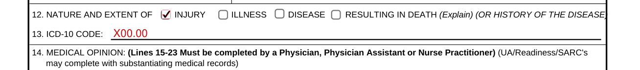 DA Form 2173 example filled out, 12. NATURE AND EXTENT OF INJURY ILLNESS DISEASE RESULTING IN DEATH and 13. ICD-10 CODE