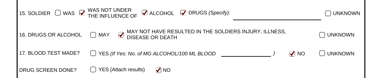 DA Form 2173 example filled out, 14. MEDICAL OPINION, 15. alcohol or drugs, 16. result, 17. blood test and drug screen