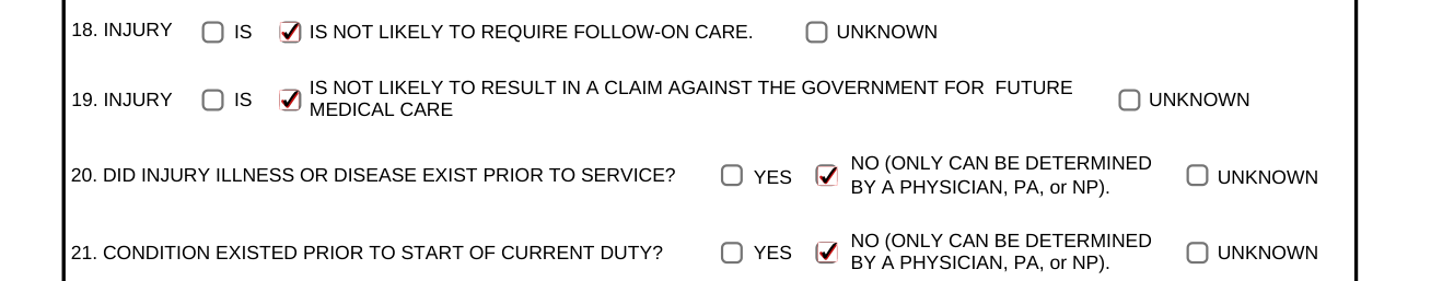 DA Form 2173 example filled out, 18. follow-on care, 19. claim, 20. prior to service and 21. prior to current duty