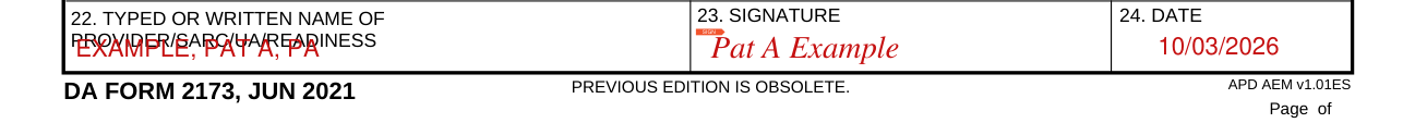 DA Form 2173 example filled out, 22. provider, 23. SIGNATURE and 24. DATE