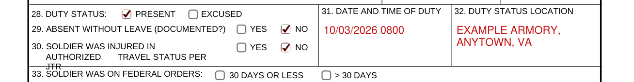 DA Form 2173 example filled out, 28. DUTY STATUS, 29. ABSENT WITHOUT LEAVE, 30. AUTHORIZED TRAVEL STATUS, 31. and 32.