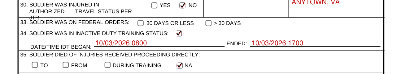 DA Form 2173 example filled out, 33. FEDERAL ORDERS, 34. INACTIVE DUTY TRAINING and 35. DIED OF INJURIES