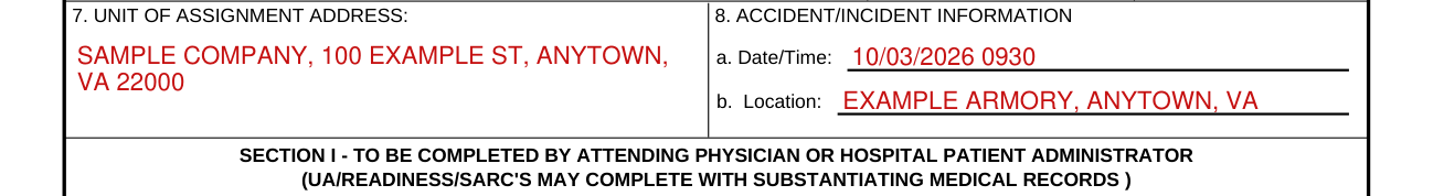 DA Form 2173 example filled out, 7. UNIT OF ASSIGNMENT ADDRESS and 8. ACCIDENT/INCIDENT INFORMATION