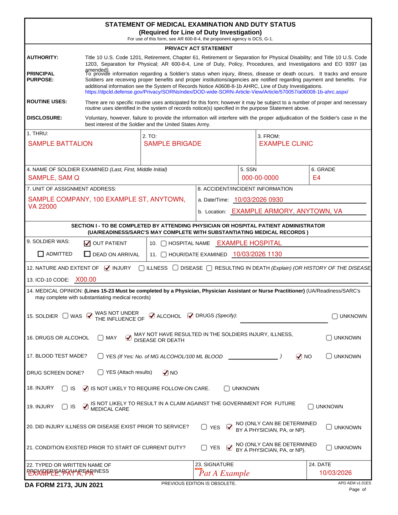DA Form 2173 example filled out, example: a drill-weekend knee injury