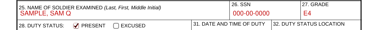 DA Form 2173 example filled out, section II, 25. NAME OF SOLDIER EXAMINED, 26. SSN and 27. GRADE
