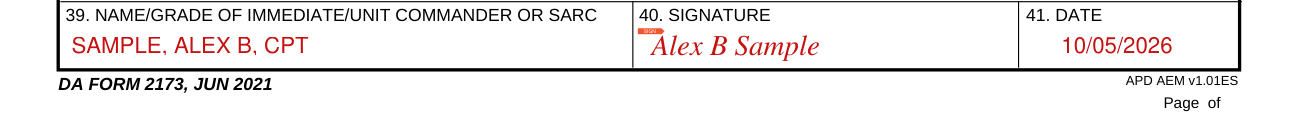 DA Form 2173 example filled out, section II, 39. commander or SARC, 40. SIGNATURE and 41. DATE