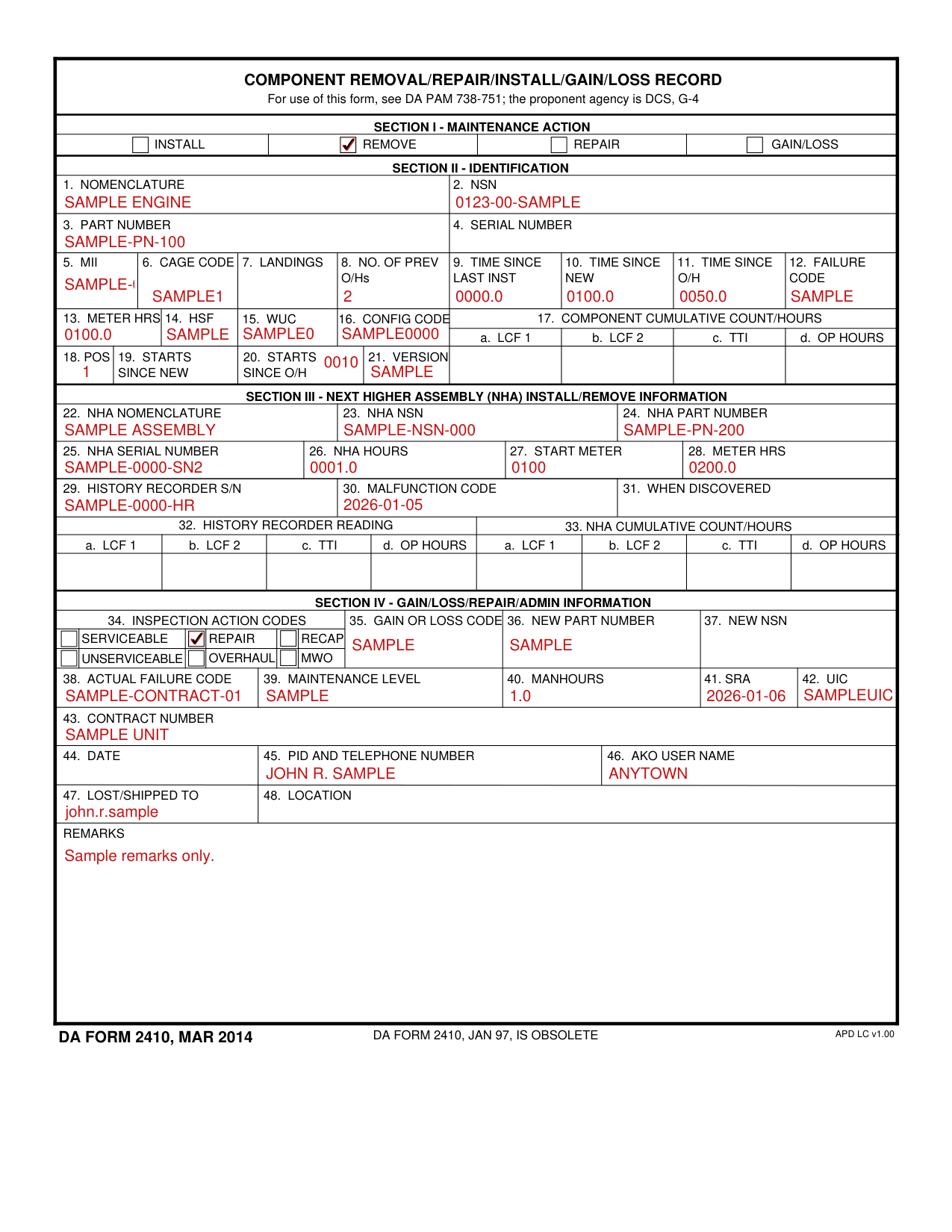 DA Form 2410 example filled out, example: a removal of a component